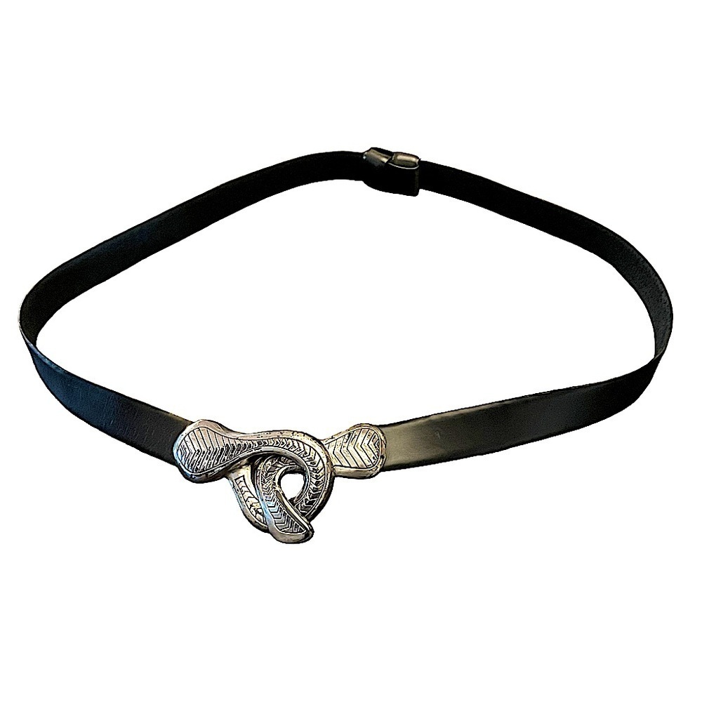 Chico's Black Leather Adjustable Belt with Silvertone Hook Style Buckle